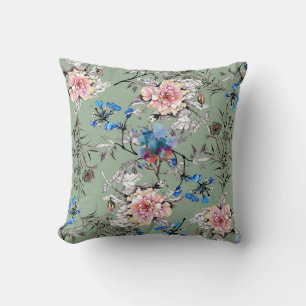Green Background Floral Watercolor Pattern. Cushion