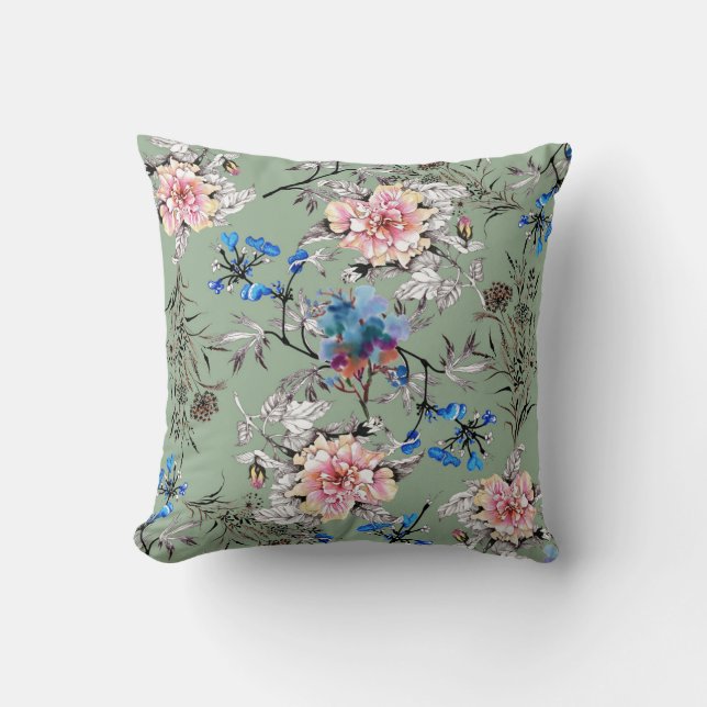 Green Background Floral Watercolor Pattern. Cushion (Front)