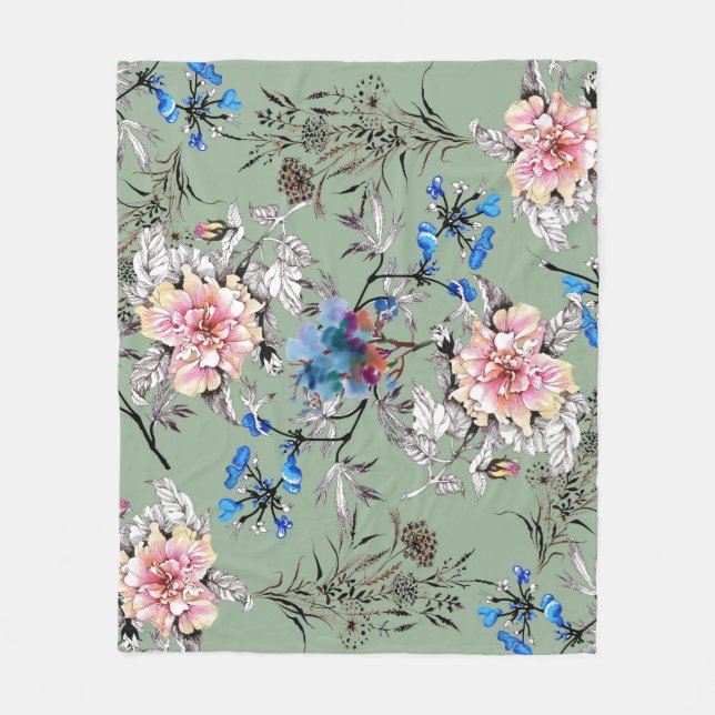 Green Background Floral Watercolor Pattern. Fleece Blanket (Front)