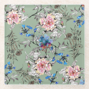 Green Background Floral Watercolor Pattern. Glass Coaster