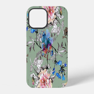 Green Background Floral Watercolor Pattern. iPhone 12 Case