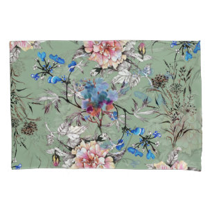 Green Background Floral Watercolor Pattern. Pillowcase