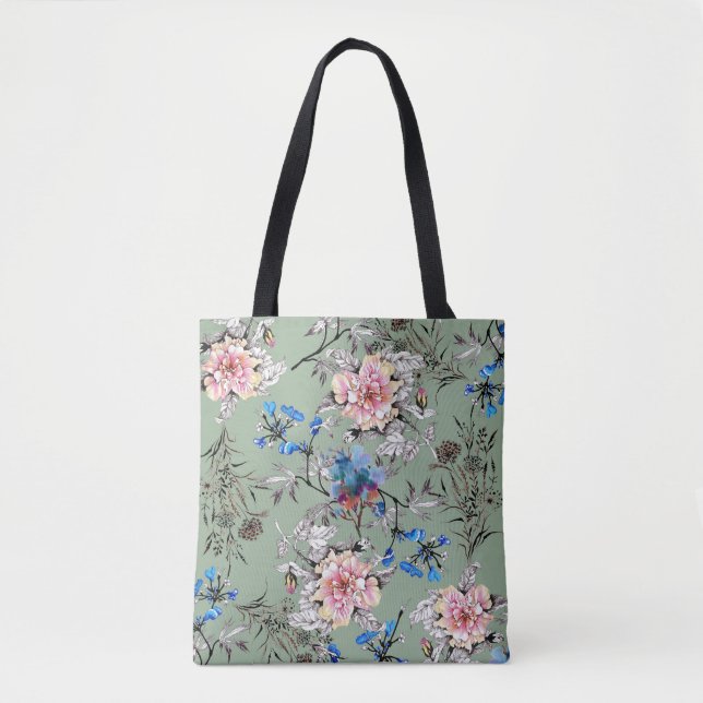 Green Background Floral Watercolor Pattern. Tote Bag (Front)