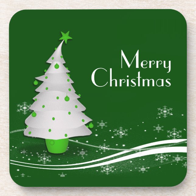 Green Background & White Tree Christmas Coaster (Front)