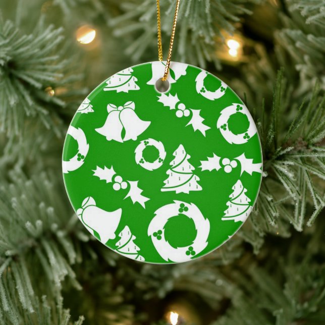 Green Background with Bells, Mistletoe and Tree Ceramic Ornament (Tree)