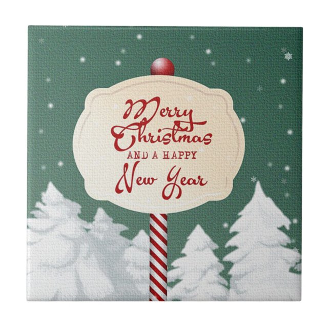 Green Background With Christmas Tree And Sign  Ceramic Tile (Front)