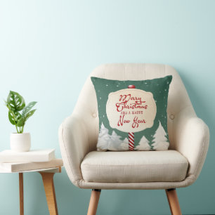 Green Background With Christmas Tree And Sign Cushion