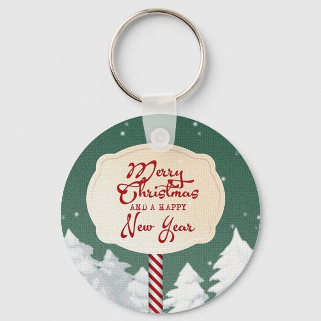 Green Background With Christmas Tree And Sign Key Ring (Front)