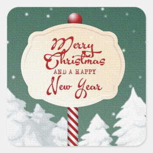 Green Background With Christmas Tree And Sign  Square Sticker