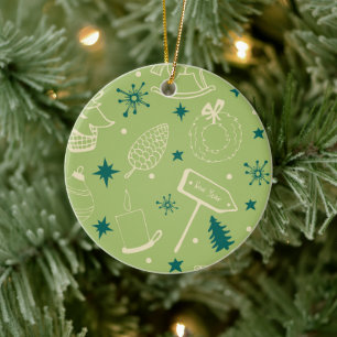 Green Background With Christmas Trees, Signs, Star Ceramic Ornament
