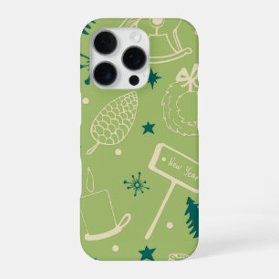 Green Background With Christmas Trees, Signs, Star iPhone 16 Pro Case