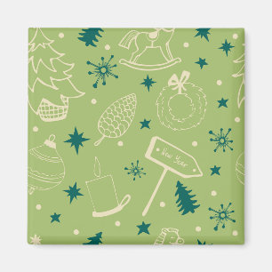 Green Background With Christmas Trees, Signs, Star Magnet