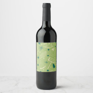 Green Background With Christmas Trees, Signs, Star Wine Label