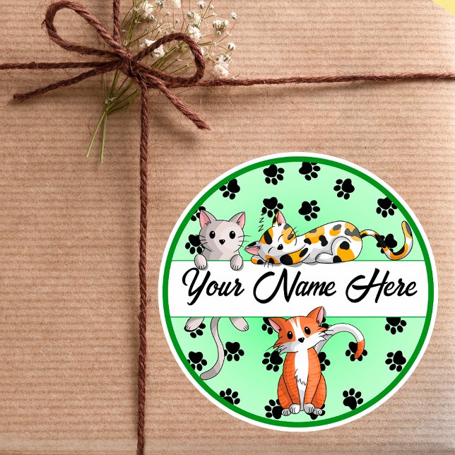 Green background with Cute kittens Classic Round Sticker (Creator Uploaded)