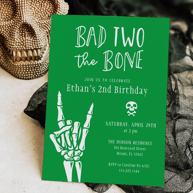 Green Bad Two The Bone 2nd Birthday Party Invitation (Creator Uploaded)