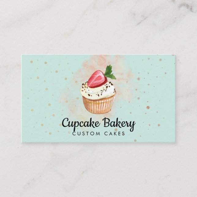Green Bakery Pastry Watercolor Strawberry Cupcake Business Card (Front)