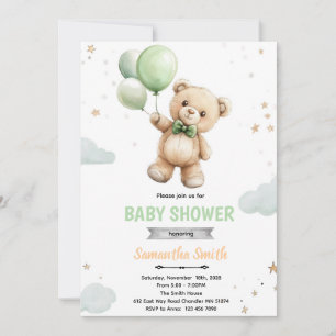 Green balloon bear baby shower invitation