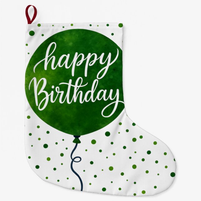 Green Balloon Happy Birthday Design  Large Christmas Stocking (Front)