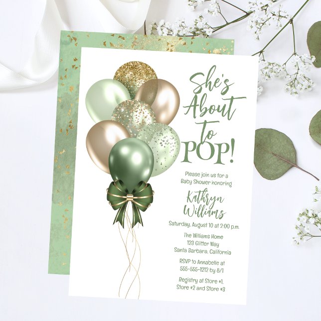 Green Balloons She's About to Pop Baby Shower Invitation ("She's Ready to POP!" Green and Gold Translucent Glitter Balloons Baby Shower Invitation.)