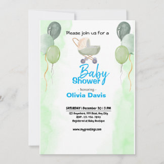 Green Baloon Baby Shower Invitation