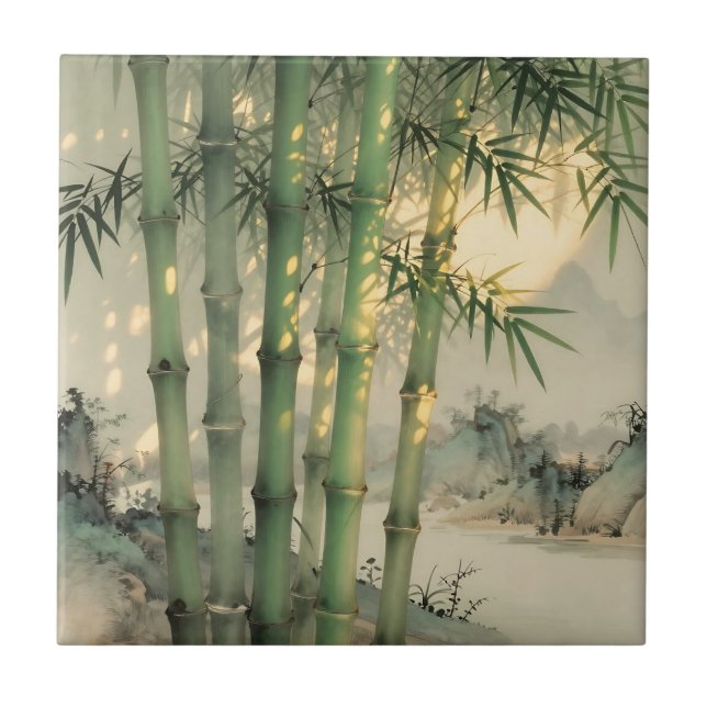 Green Bamboo Forest Chinese Ink Ceramic Tile (Front)