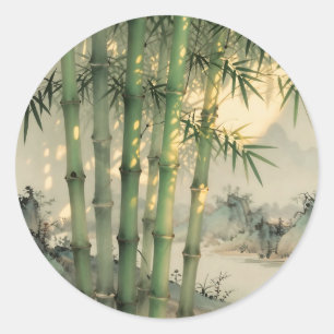 Green Bamboo Forest Chinese Ink Classic Round Sticker