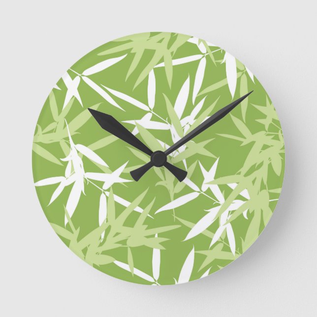 Green Bamboo Leaves Unique Pattern Round Clock (Front)