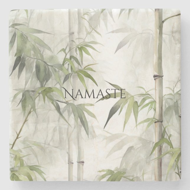 Green Bamboo Mindfulness Yoga Stone Coaster (Front)