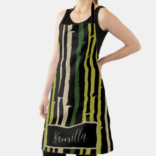 Green Bamboo Stripes on Black Apron