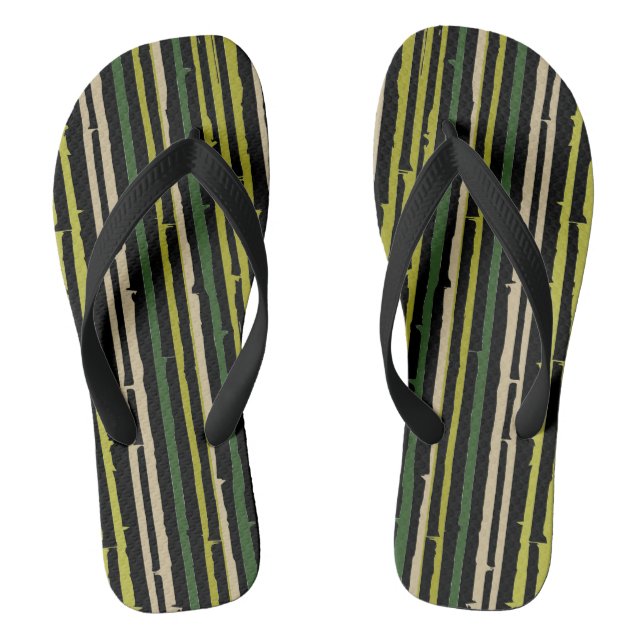 Green Bamboo Stripes on Black Flip Flops (Footbed)