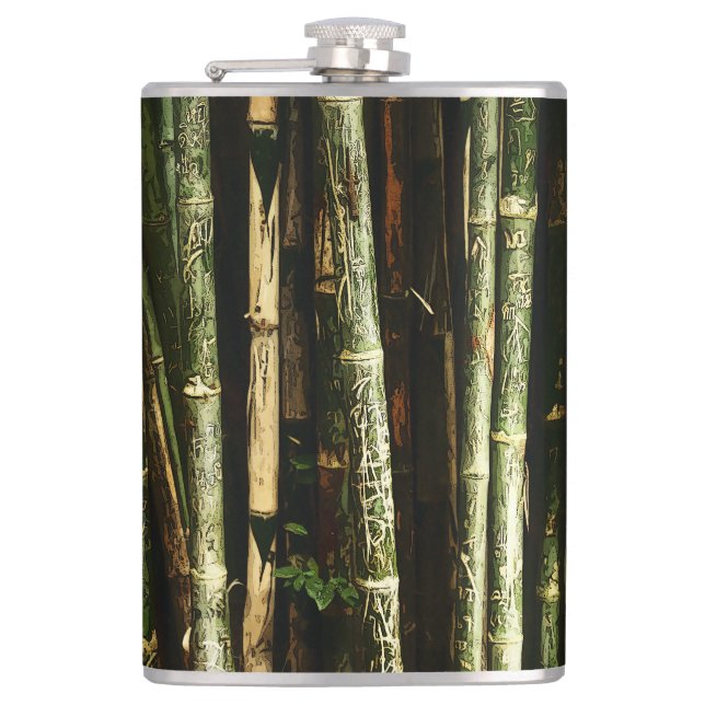 Green Bamboo With Thai Engravings Hip Flask (Front)