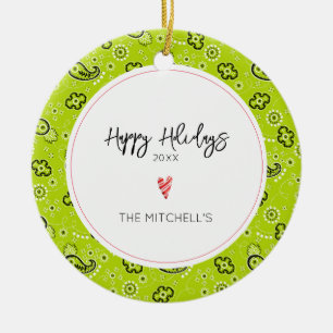 Green Bandanna HAPPY HOLIDAYS Red Heart NAME Ceramic Ornament