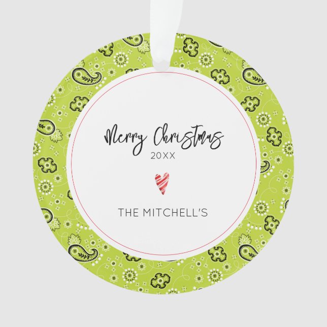 Green Bandanna Pattern NAME Annual Christmas Ornament (Front)