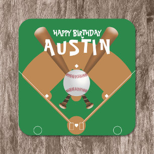 Green Baseball Field Happy Birthday Square Paper Coaster