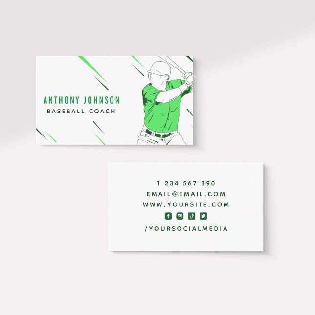 Green Baseball Player Coach in Motion Silhouette Business Card (Creator Uploaded)