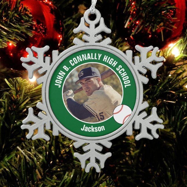 Green Baseball Player Photo High School Snowflake Pewter Christmas Ornament (Creator Uploaded)
