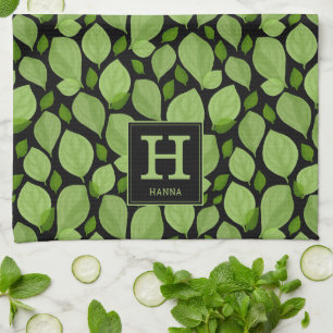 Green Basil Leaf Herb Pattern Botanical Monogram Tea Towel