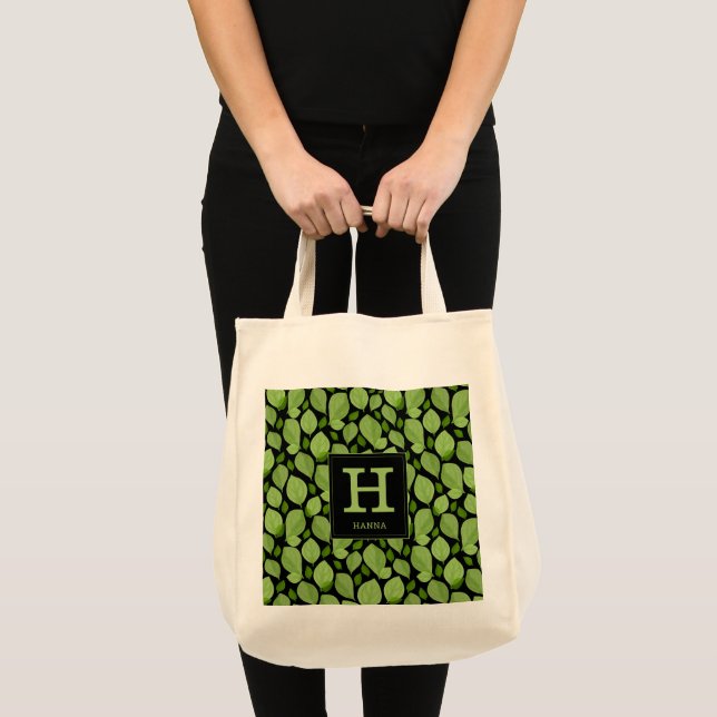 Green Basil Leaf Herb Pattern Botanical Monogram Tote Bag (Front (Product))