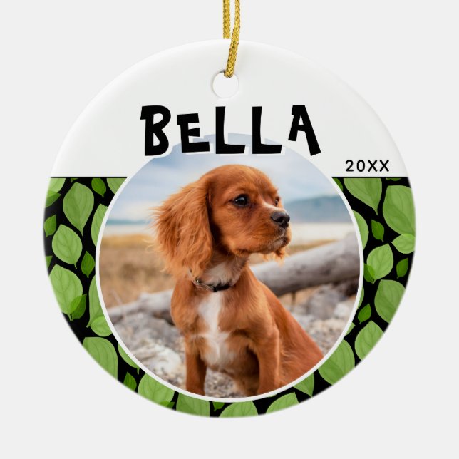 Green Basil Leaf Pattern Puppy Dog Photo Ceramic Ornament (Front)