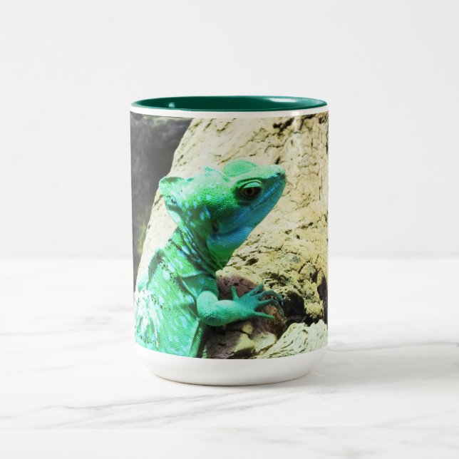 Green basilisk lizard Two-Tone coffee mug (Center)