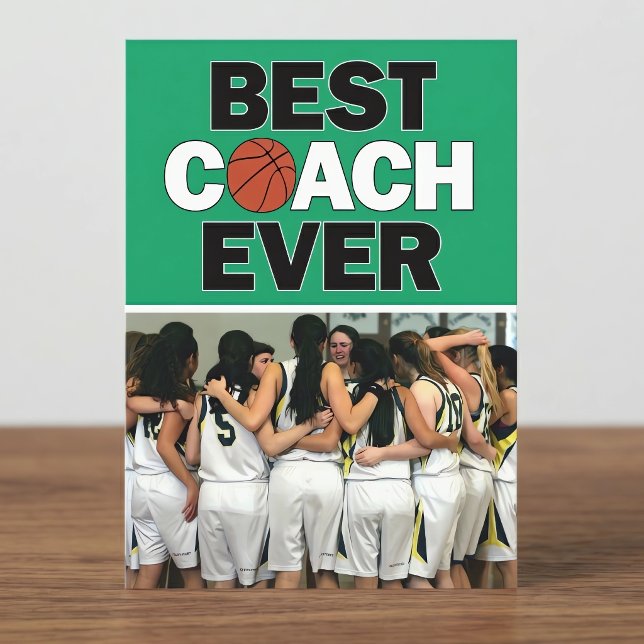 Green Basketball Coach Best Ever Custom Photo Thank You Card (Basketball coach thank you card on table. For basketball coaches with green team colors.)