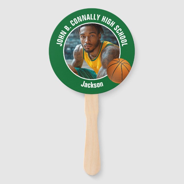 Green Basketball Player Photo High School Spirit Hand Fan (Front)