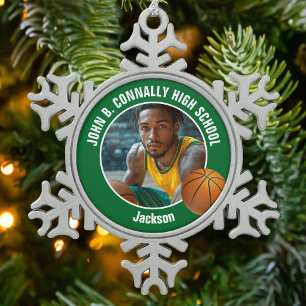 Green Basketball Player Photo Keepsake Gift Snowflake Pewter Christmas Ornament