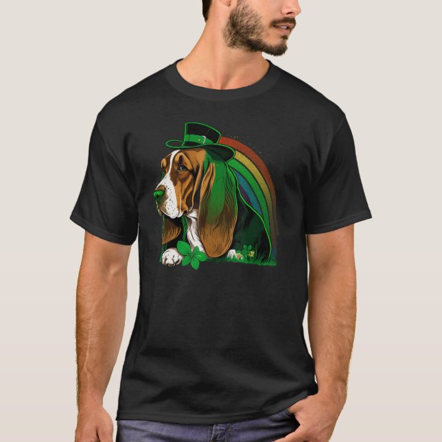 Green Basset Hound shamrock on St Patricks Day Bas T-Shirt (Front)