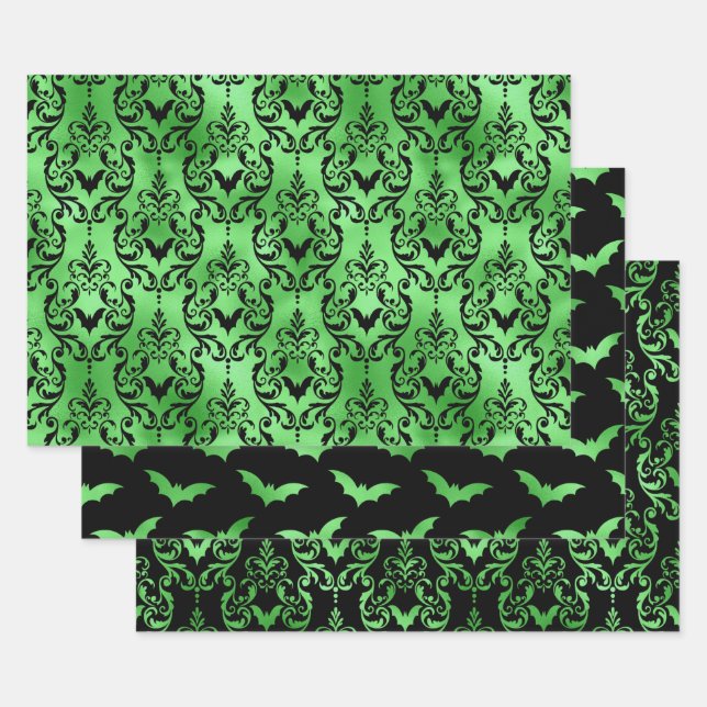 Green Bat Halloween Damask Patterns Wrapping Paper Sheet (Set)