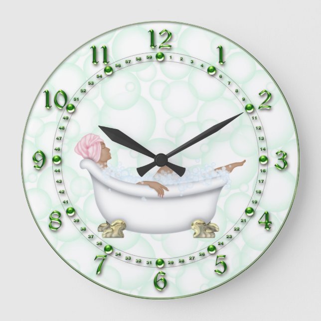 Green Bathroom Shiny Numbers Bubbles Large Clock (Front)