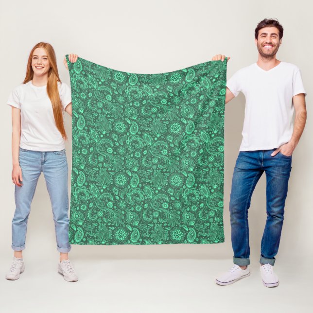 Green batik boho style floral paisley pattern fleece blanket (In Situ)