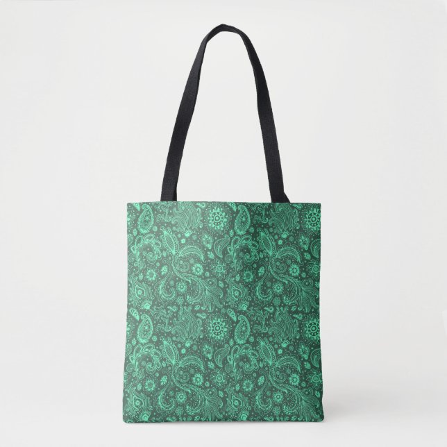 Green batik boho style floral paisley pattern tote bag (Front)