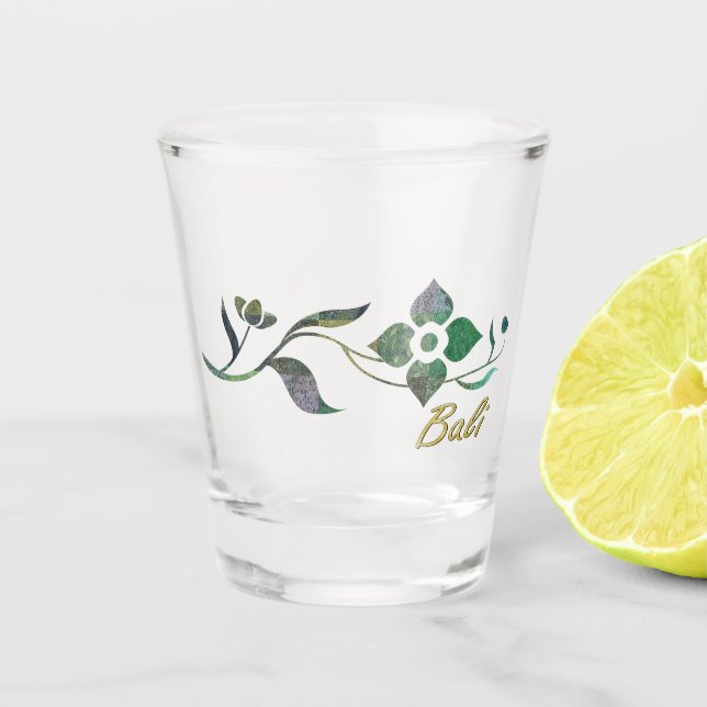 Green Batik Patchwork Flowers Shot Glass (Front)