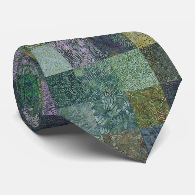 Green Batik Patchwork Tie (Rolled)